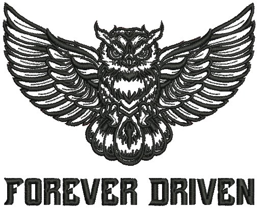 Forever Driven owl embroidery digitizing — detailed owl with spread wings and text for jacket back Australia USA