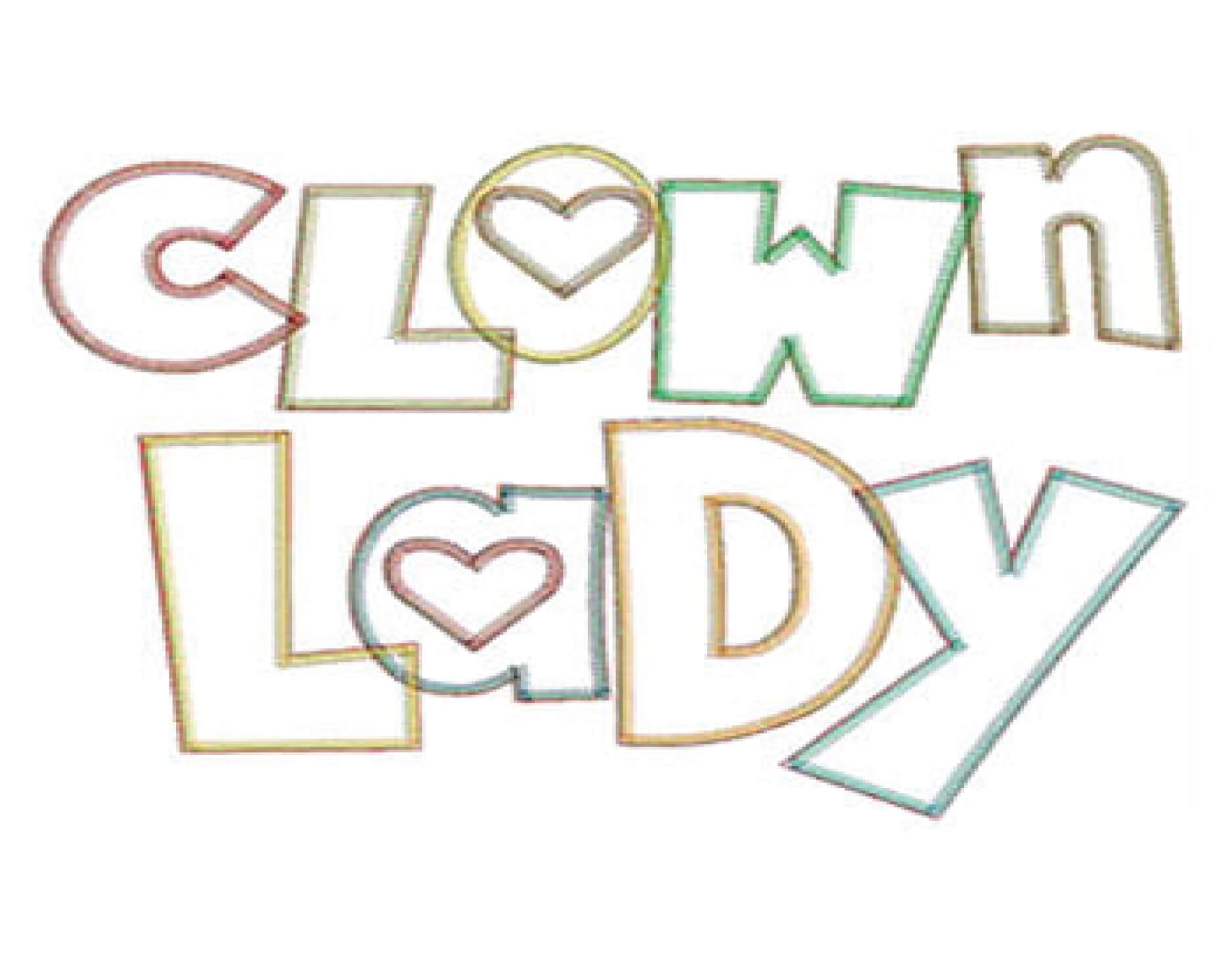 Clown Lady text applique embroidery digitizing — multi-color letter applique with satin border UK Canada