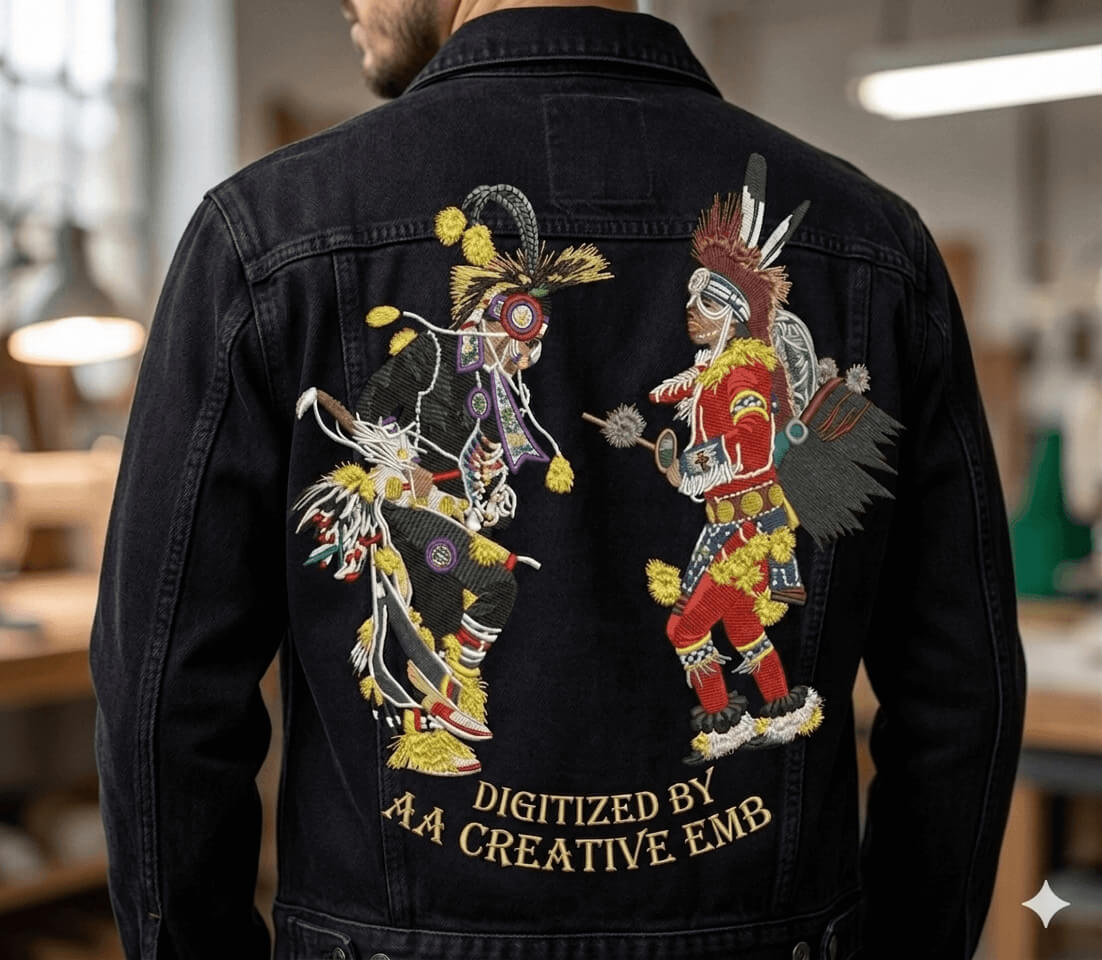 AA Creative Emb expert embroidery digitizers working on complex jacket back design - professional team USA UK