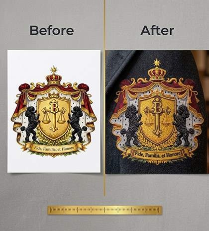 Before and after embroidery digitizing example for Australian production runs