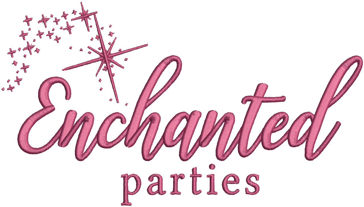 Enchanted Parties script logo towel embroidery digitizing - elegant cursive design