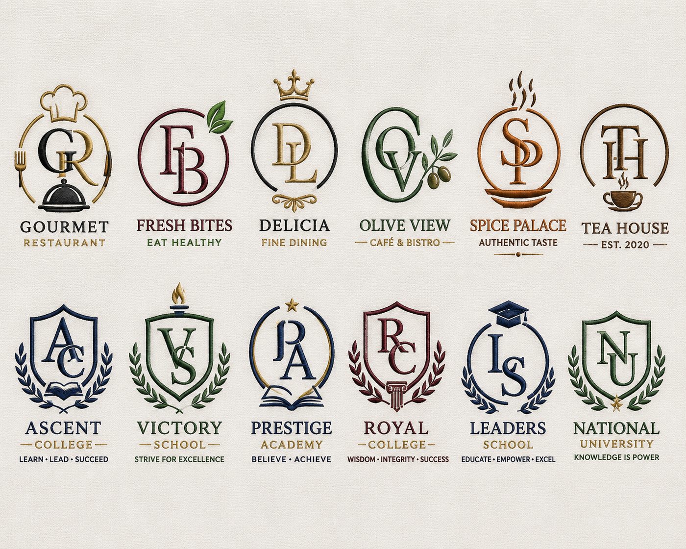 Monogram digitizing style catalog - restaurant, cafe and school crest monograms