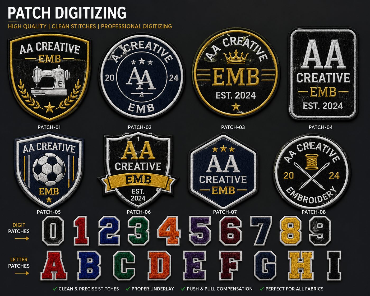 Patch digitizing style catalog - crest patches, letter patches and number patches