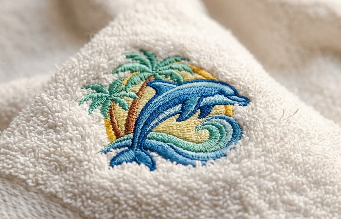 Terry cloth towel embroidery digitizing - specialist underlay and topping technique for hotel linen