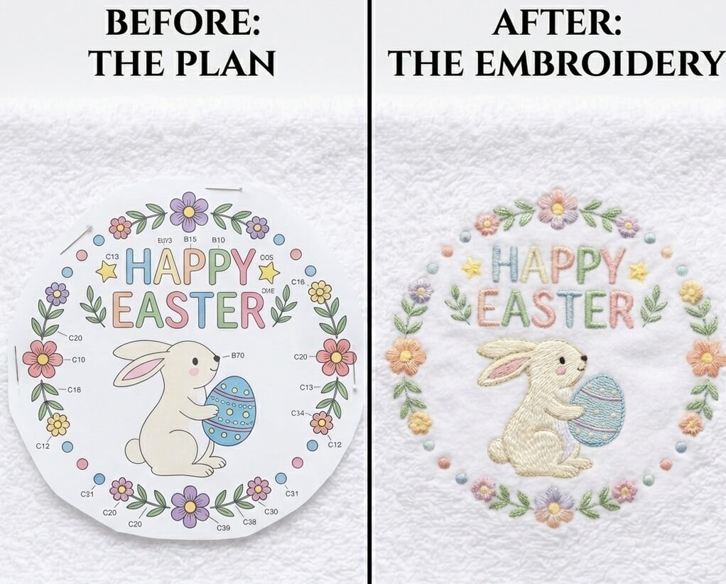 Towel embroidery digitizing before and after - Happy Easter design plan vs finished embroidery result