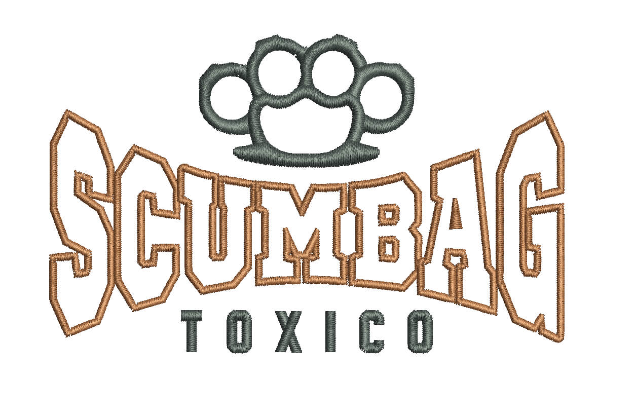 Scumbag Toxico custom text embroidery digitizing on towel - decorative typography design