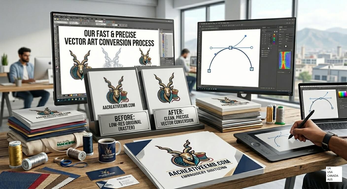 Vector art conversion process — manual tracing in Adobe Illustrator for screen printing and embroidery